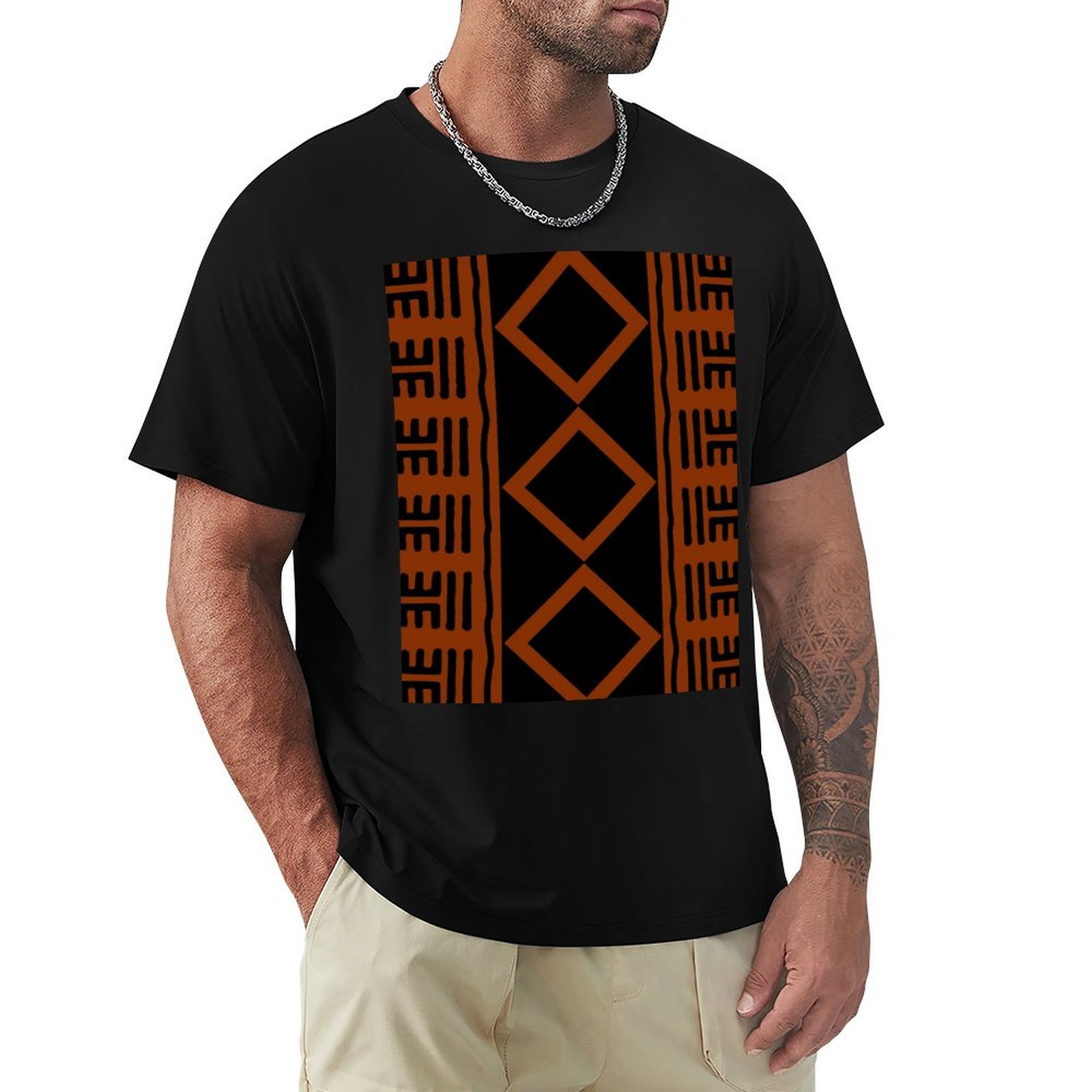 Mudcloth Print Top - Roestkleurig Afrikaans modderdoek T-shirt, basic korte