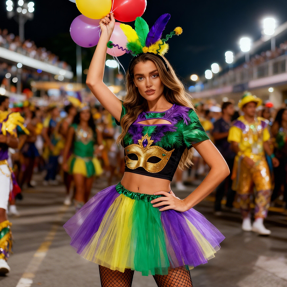 Ethnic Wear - 2026 Carnavalskostuumset met glinsterende veren, driekleurig,