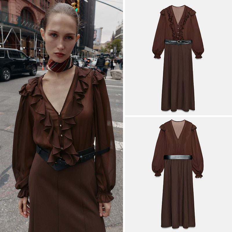 Ethnic Wear - Elegante V-hals midi-jurk met lange mouwen,