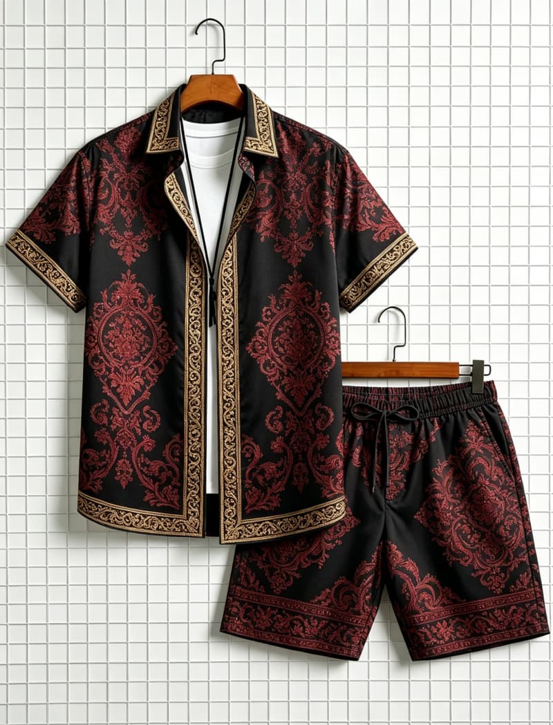 Ethnic Wear - Herenset met etnische print, korte mouwen,