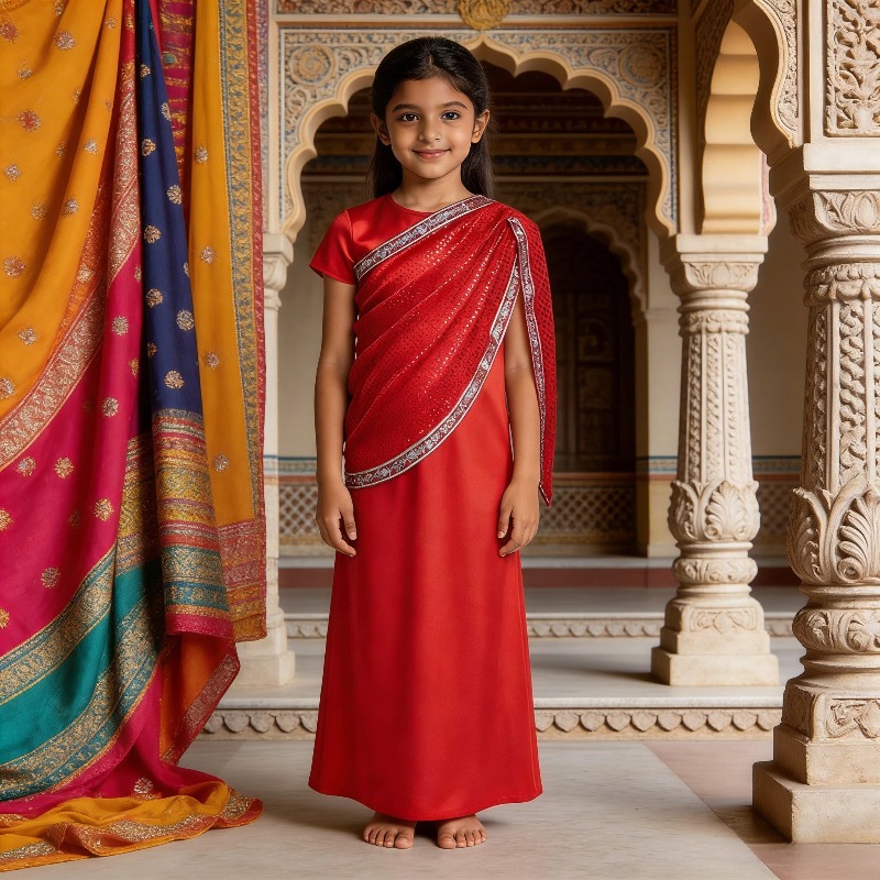 Ethnic Wear - Meisjes Indiase traditionele jurk rode etnische